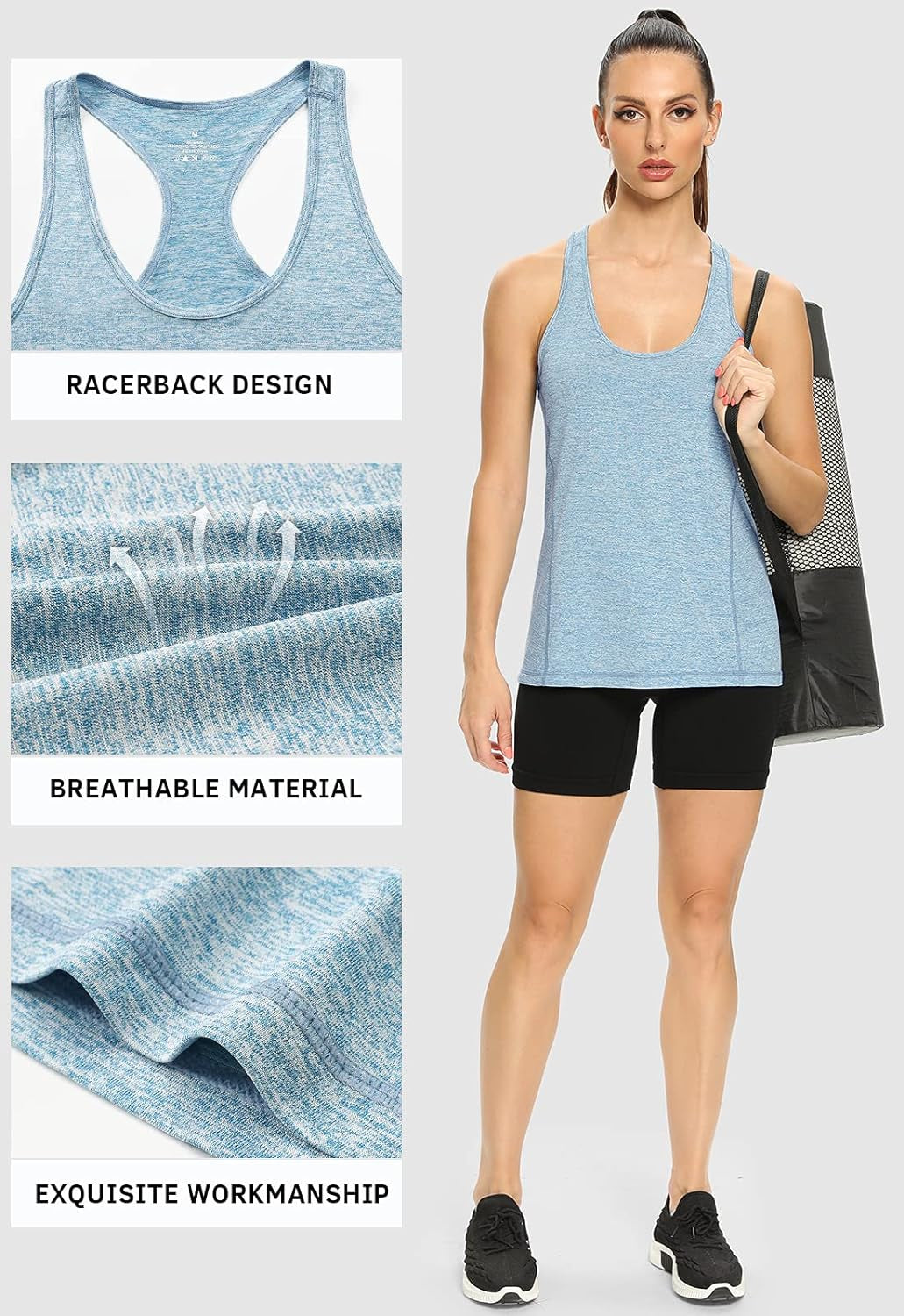 Workout Tank Tops for Women Racerback Athletic Tanks Running Exercise Gym Tank Top - 4 Packs Black/Black/Gray/Blue S